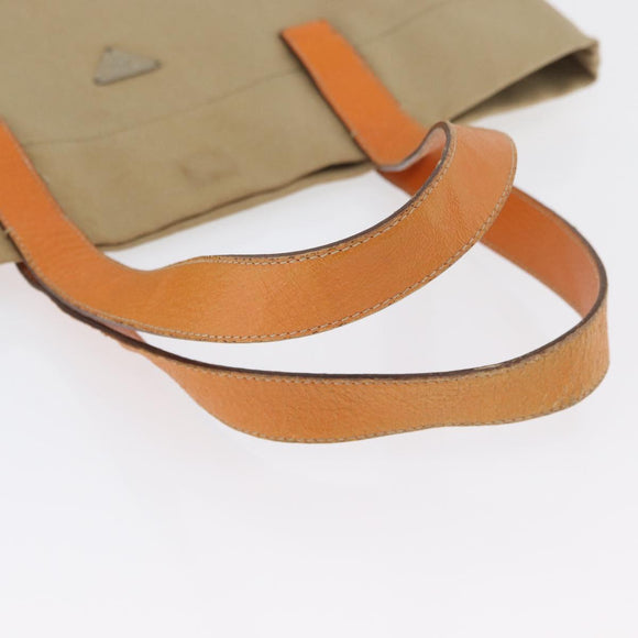 PRADA Tote Bag Canvas Leather Beige Orange Silver Auth hk3602