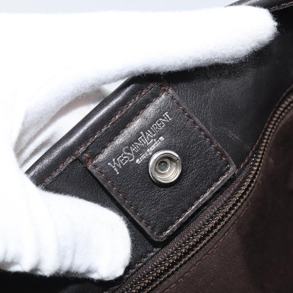 SAINT LAURENT Mombasa Schoudertas Canvas Leer Donkerbruin Zilver Auth hk3606V
