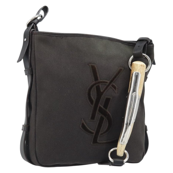 SAINT LAURENT Mombasa Schoudertas Canvas Leer Donkerbruin Zilver Auth hk3606V