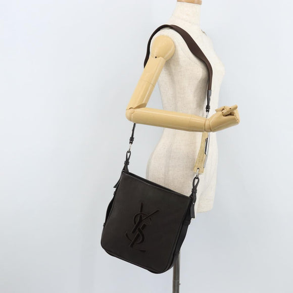 SAINT LAURENT Mombasa Schoudertas Canvas Leer Donkerbruin Zilver Auth hk3606V