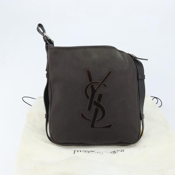 SAINT LAURENT Mombasa Schoudertas Canvas Leer Donkerbruin Zilver Auth hk3606V