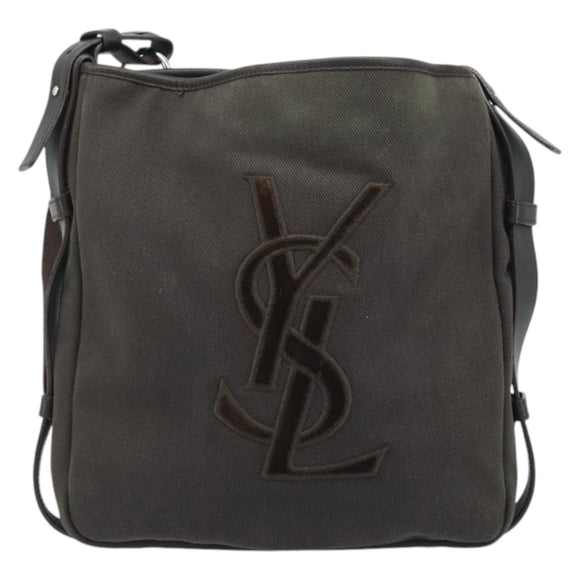 SAINT LAURENT Mombasa Schoudertas Canvas Leer Donkerbruin Zilver Auth hk3606V