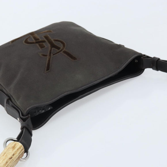 SAINT LAURENT Mombasa Schoudertas Canvas Leer Donkerbruin Zilver Auth hk3606V