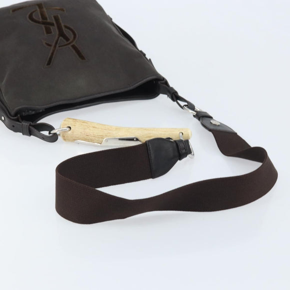 SAINT LAURENT Mombasa Schoudertas Canvas Leer Donkerbruin Zilver Auth hk3606V
