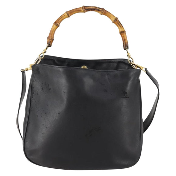 GUCCI Bamboo Shoulder Bag Leather 2way Black Gold 001 1781 1638 Auth hk3622