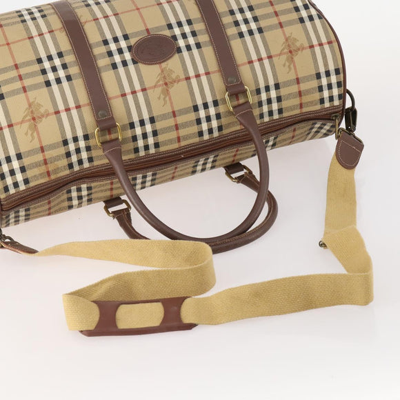 Burberrys Nova Check Boston Bag PVC 2way Beige Gold Auth hk3640