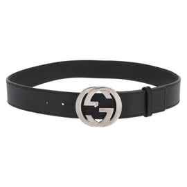 GUCCI Interlocking Belt Leather 38.6"" Black Silver 114984 Auth hk3646