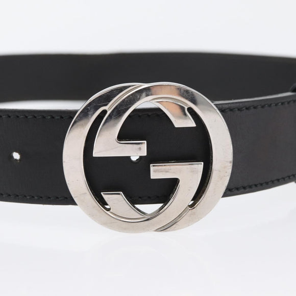GUCCI Interlocking Belt Leather 38.6"" Black Silver 114984 Auth hk3646