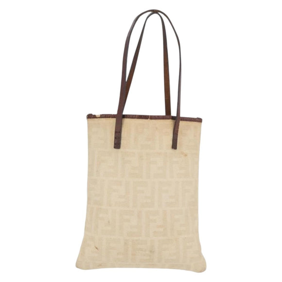 FENDI Zucca Canvas Tote Bag Beige Silver Auth hk3658