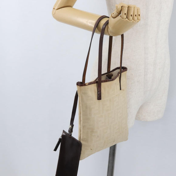 FENDI Zucca Canvas Tote Bag Beige Silver Auth hk3658