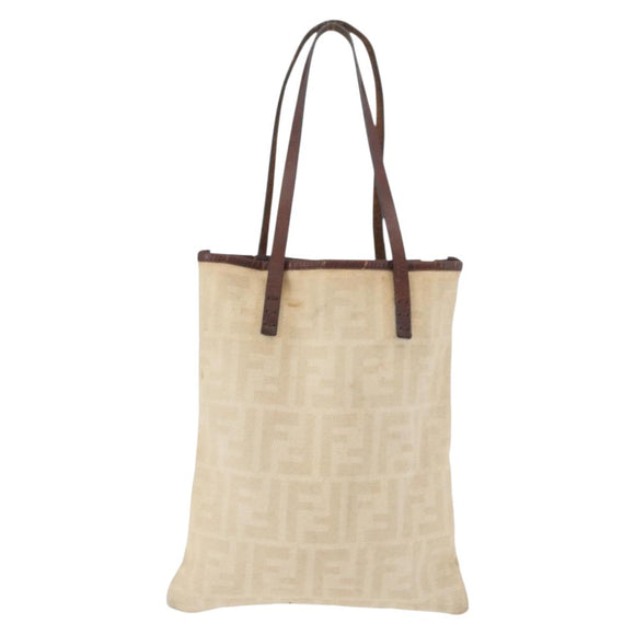 FENDI Zucca Canvas Tote Bag Beige Silver Auth hk3658