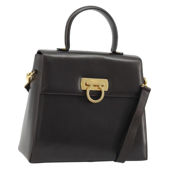 Salvatore Ferragamo Gancini Hand Bag Leather 2way Dark Brown Gold Auth hk3673