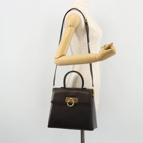 Salvatore Ferragamo Gancini Hand Bag Leather 2way Dark Brown Gold Auth hk3673