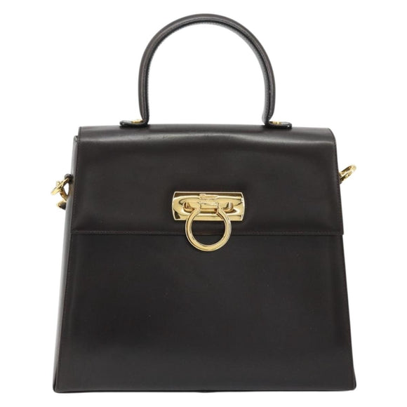 Salvatore Ferragamo Gancini Hand Bag Leather 2way Dark Brown Gold Auth hk3673