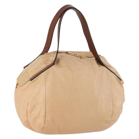 CELINE Hand Bag Leather Beige Gold Auth hk3694A
