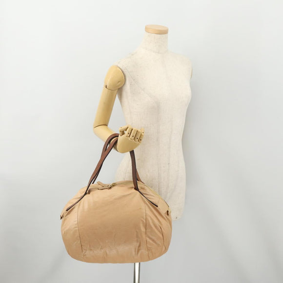 CELINE Hand Bag Leather Beige Gold Auth hk3694A