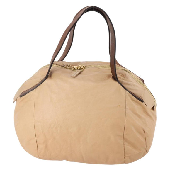 CELINE Hand Bag Leather Beige Gold Auth hk3694A