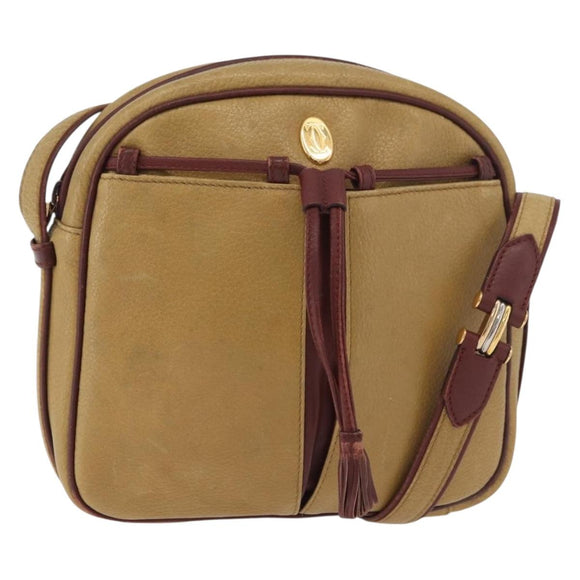 CARTIER Shoulder Bag Leather Beige Gold Auth hk3696A