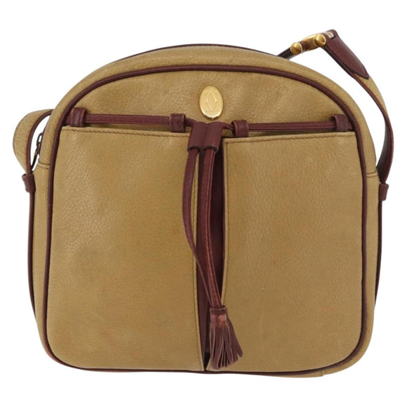 CARTIER Shoulder Bag Leather Beige Gold Auth hk3696A