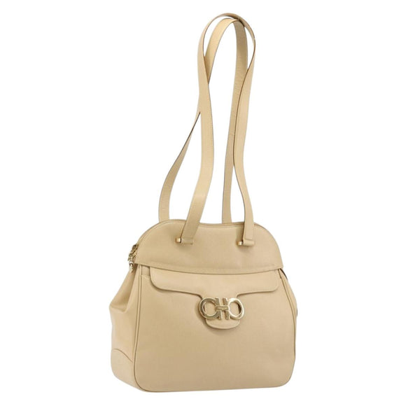 Salvatore Ferragamo Gancini Tote Bag Leather Beige Gold Auth hk3707