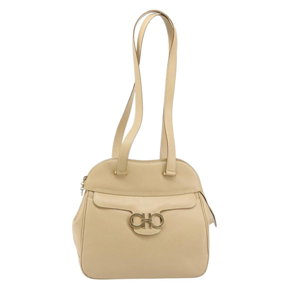 Salvatore Ferragamo Gancini Tote Bag Leather Beige Gold Auth hk3707
