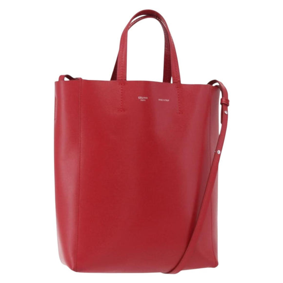 CELINE Vertical Cabas Tote Bag Leather 2way Red Silver Auth hk3730A