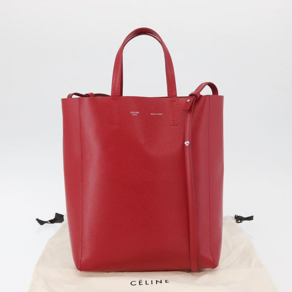 CELINE Vertical Cabas Tote Bag Leather 2way Red Silver Auth hk3730A