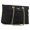 PRADA Chain Tote Bag Nylon Black Gold Auth hk3734A-1