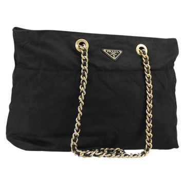 PRADA Chain Tote Bag Nylon Black Gold Auth hk3734A