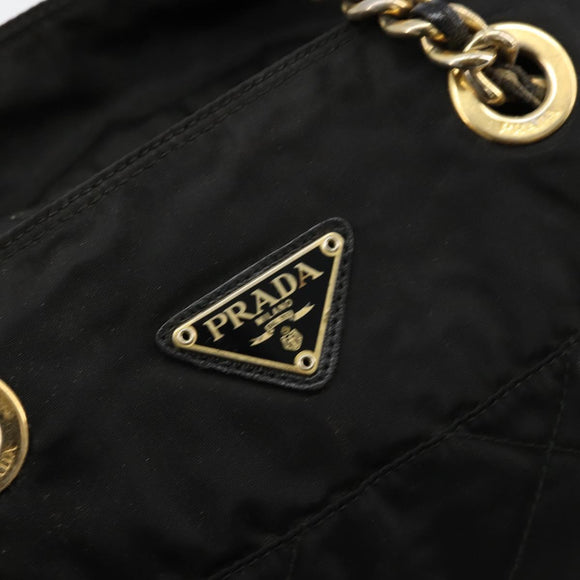 PRADA Chain Tote Bag Nylon Black Gold Auth hk3734A