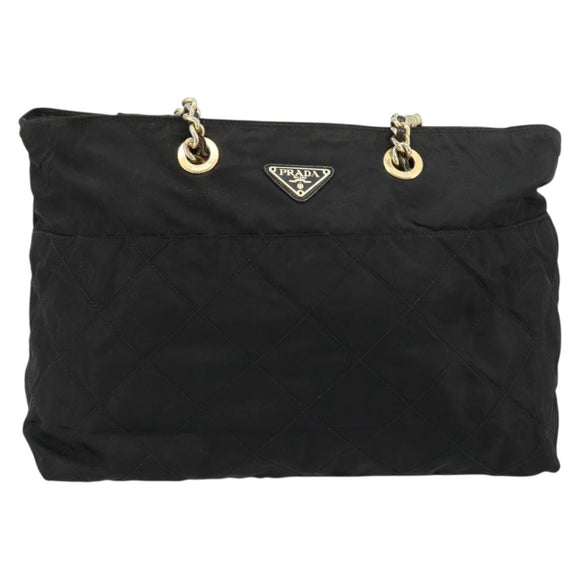 PRADA Chain Tote Bag Nylon Black Gold Auth hk3734A