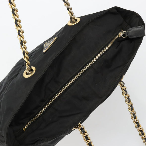 PRADA Chain Tote Bag Nylon Black Gold Auth hk3734A