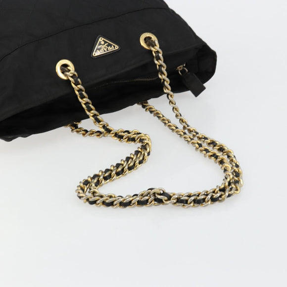 PRADA Chain Tote Bag Nylon Black Gold Auth hk3734A