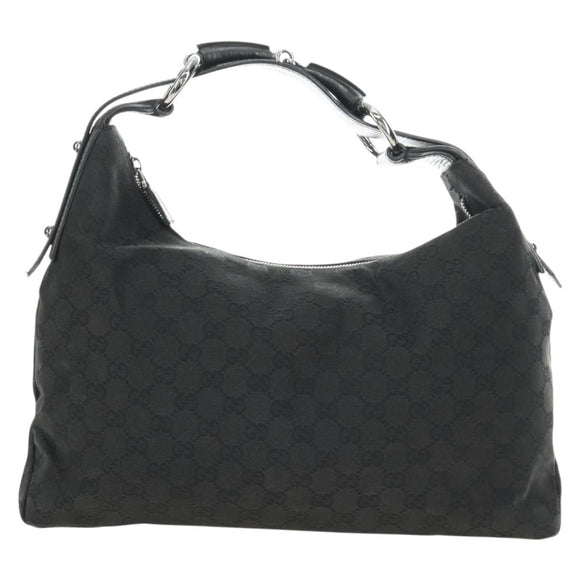 GUCCI GG Canvas Horsebit Shoulder Bag Black Silver 115867 Auth hk3790V