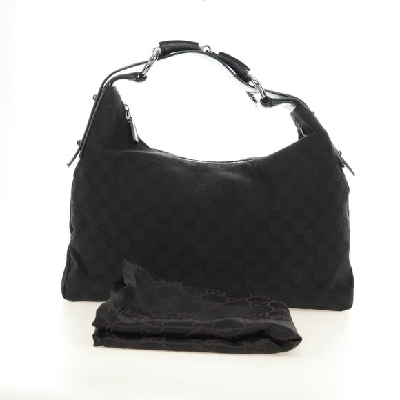 GUCCI GG Canvas Horsebit Shoulder Bag Black Silver 115867 Auth hk3790V