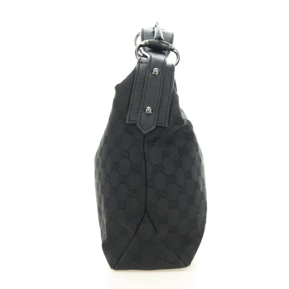 GUCCI GG Canvas Horsebit Shoulder Bag Black Silver 115867 Auth hk3790V