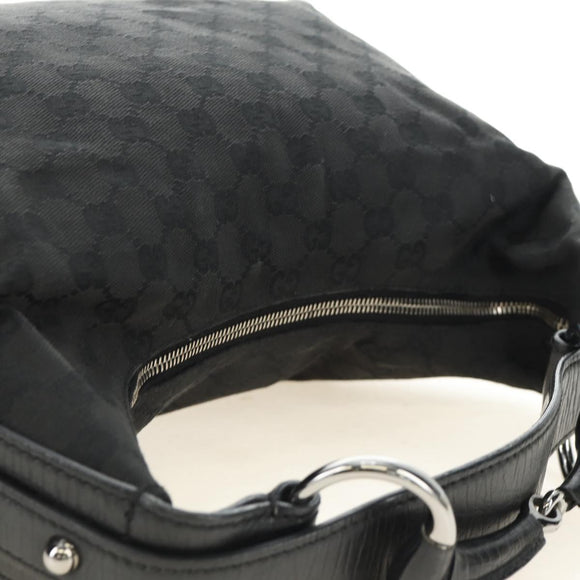 GUCCI GG Canvas Horsebit Shoulder Bag Black Silver 115867 Auth hk3790V