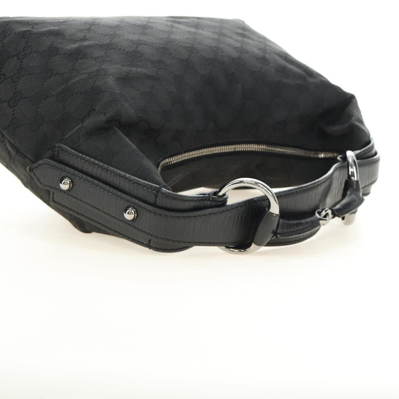 GUCCI GG Canvas Horsebit Shoulder Bag Black Silver 115867 Auth hk3790V
