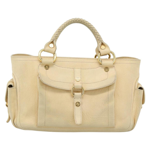 CELINE Hand Bag Leather Ivory Gold Auth hk3795
