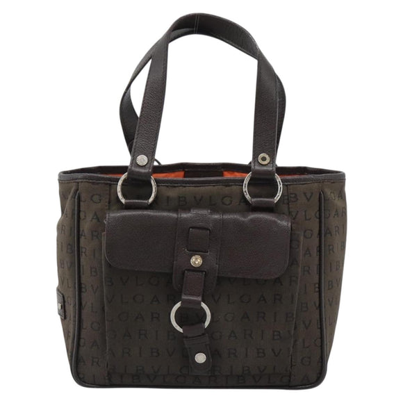 BVLGARI Logo Mania Hand Bag Canvas Brown Silver Auth hk3805