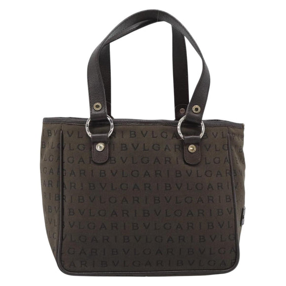 BVLGARI Logo Mania Hand Bag Canvas Brown Silver Auth hk3805