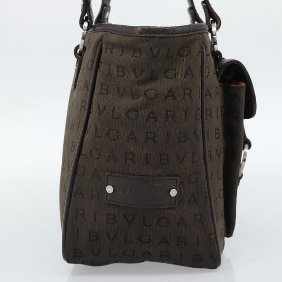 BVLGARI Logo Mania Hand Bag Canvas Brown Silver Auth hk3805