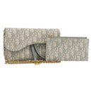 Christian Dior Trotter Canvas Saddle Chain Wallet Light Blue Gold Auth hk3821A-1