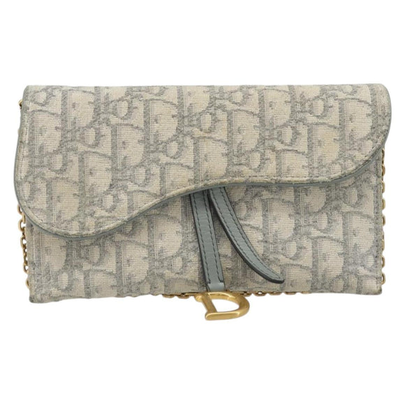 Christian Dior Trotter Canvas Saddle Chain Wallet Light Blue Gold Auth hk3821A