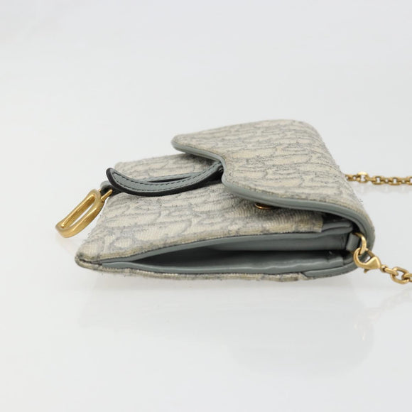 Christian Dior Trotter Canvas Saddle Chain Wallet Light Blue Gold Auth hk3821A