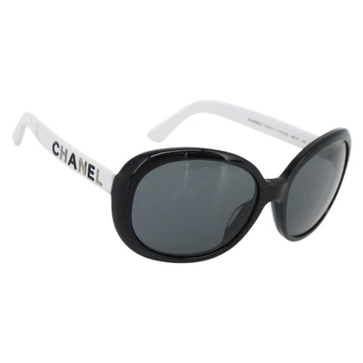 CHANEL Sunglasses Plastic Black White Silver CC Auth hk3828