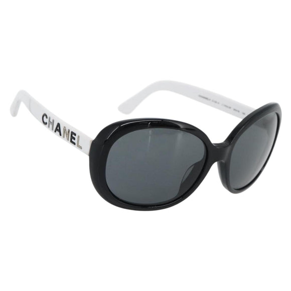 CHANEL Sunglasses Plastic Black White Silver CC Auth hk3828
