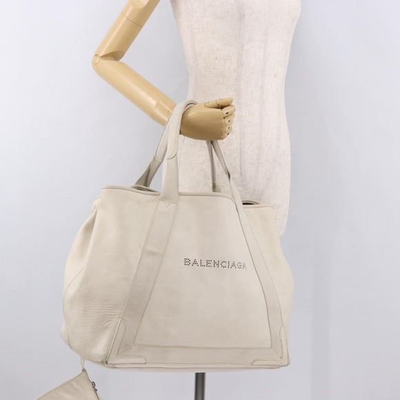 BALENCIAGA Navy Cabas M Hand Bag Leather White Silver 339936 Auth hk3892