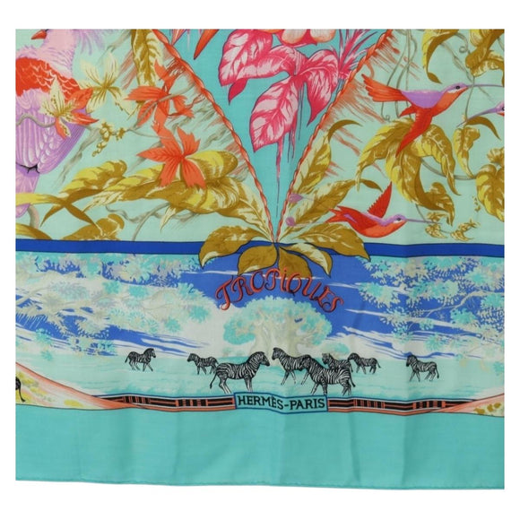 HERMES Carre 140 Scarf ""TROPIQUES"" Cashmere Blue Auth hk3926M