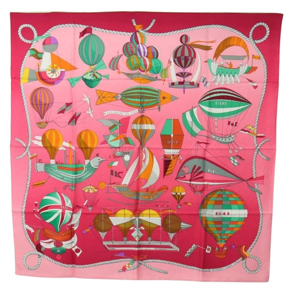 HERMES Carre 90 Scarf ""LES FOLIES DU CIEL"" Silk Pink Auth hk3927V